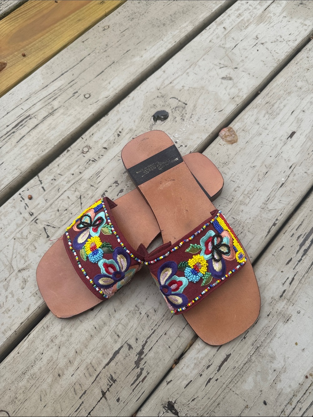 Sergio Rossi Beaded Floral Brown Slide Sandals